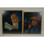B.A. Tang, (Chinese), pair of portraits of Chinese gentlemen, paint on velvet, largest 41 x 48cm