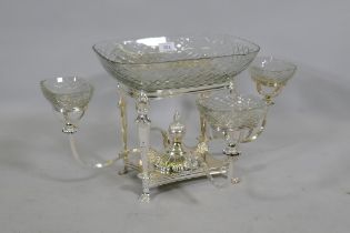 A silver plated and cut glass centrepiece, 57 x 30cm