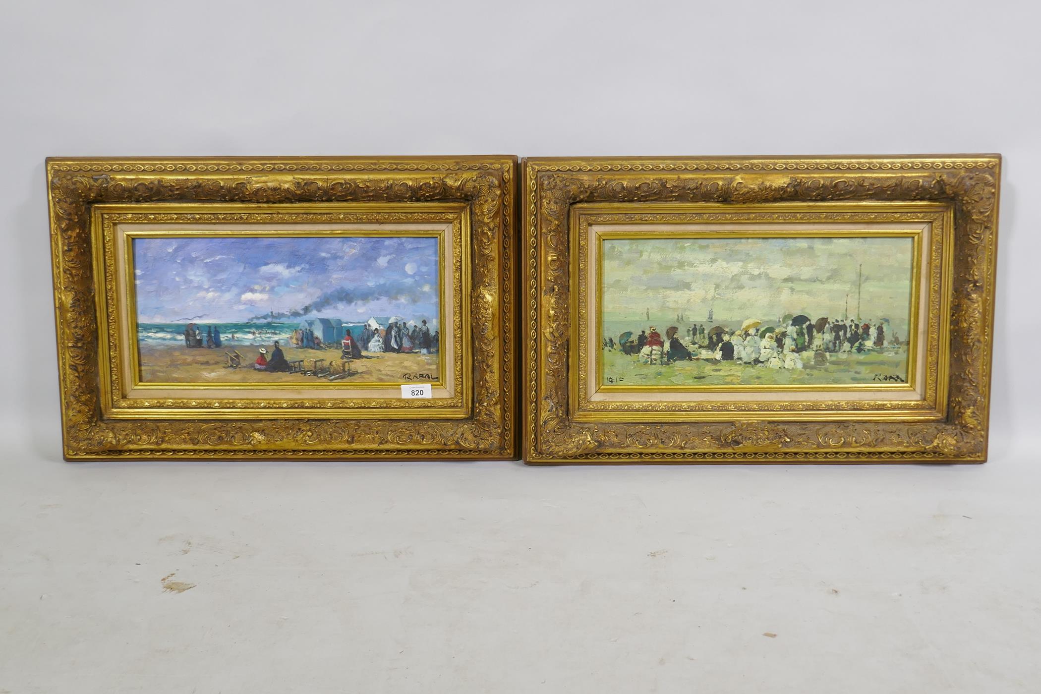 In the manner of Eugene Boudin, figures on a sea shore, signed Rarel?, a pair of oils on board, 40 x