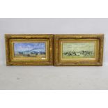 In the manner of Eugene Boudin, figures on a sea shore, signed Rarel?, a pair of oils on board, 40 x