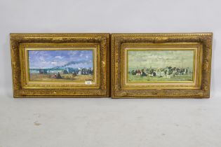 In the manner of Eugene Boudin, figures on a sea shore, signed Rarel?, a pair of oils on board, 40 x