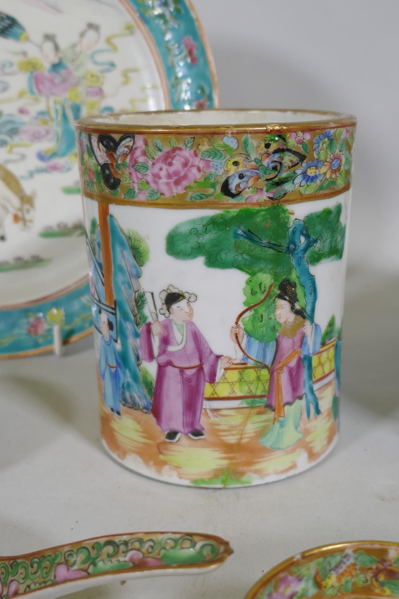 A C19th Chinese famille verte plate with enamel decoration, 24cm diameter, three jars (AF), vase, - Image 6 of 14