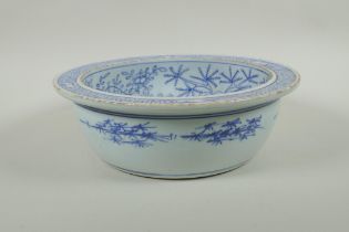 An early C20th Chinese blue and white porcelain steep sided bowl decorated with armed figures,