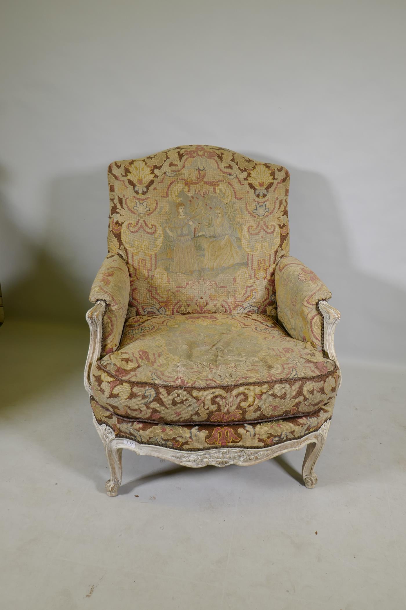 An C18th style French carved and painted beechwood framed arm chair with tapestry covers - Image 2 of 7