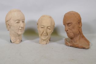 Three terracotta sculpted busts of men, signed W.B., 30cm high