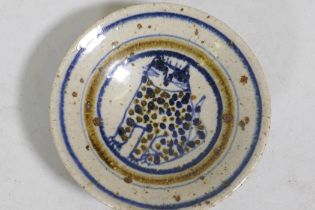 Bryan Newman for Aller Pottery, a small dish with cat decoration, 15cm diameter