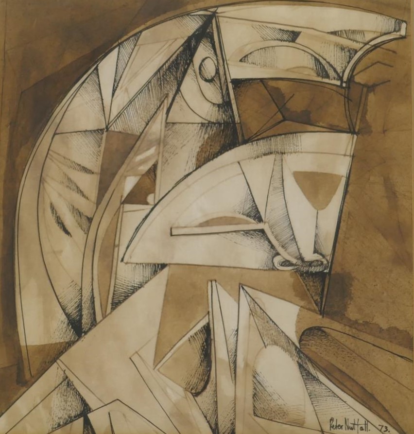 Peter Nuttall, abstract, signed and dated '73, labelled verso Talbot Gallery, Oxford, pen and