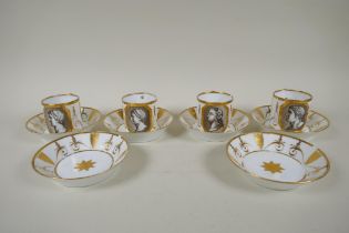 An Empire style gilded porcelain tea set comprising four cups and six saucers, decorated with