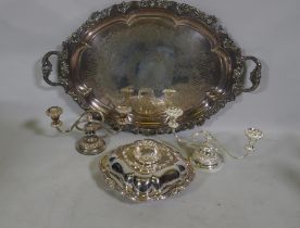 A pair of Sheffield silver plated two branch candelabra, an entree dish and heavy gauge serving tray