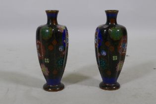 A pair of antique oriental cloisonne vases with lobed bodies, AF, 13cm high