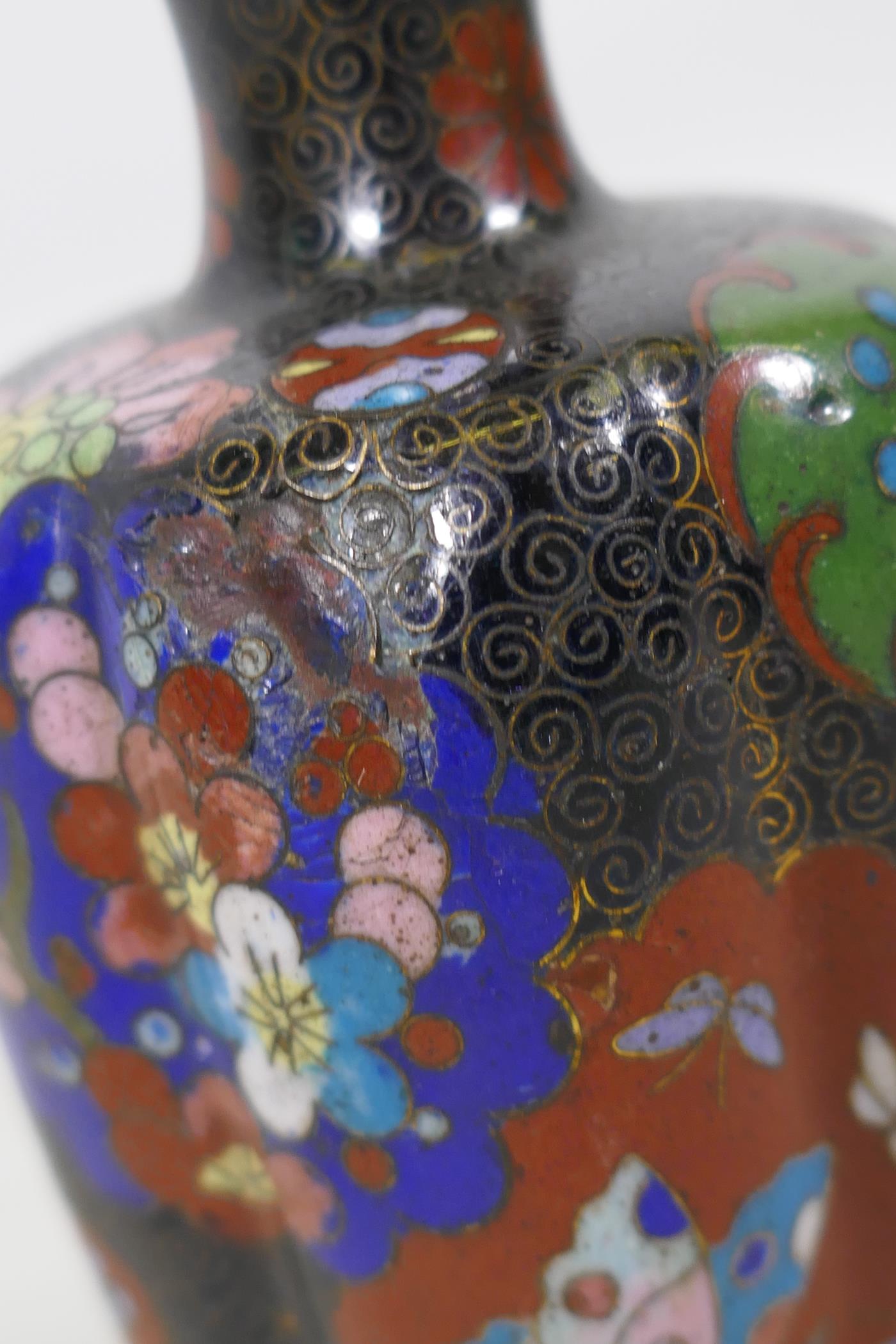 A pair of antique oriental cloisonne vases with lobed bodies, AF, 13cm high - Image 4 of 4