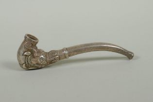 A Chinese white metal pipe with dragon head decoration, 10cm