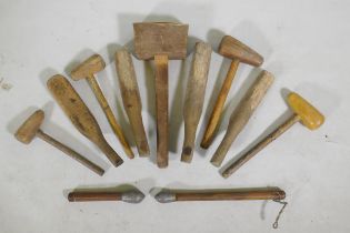 A quantity of vintage wood lead beaters and mallets, largest 45cm long
