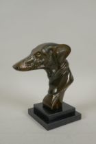 A bronze head bust of a greyhound, on a black reconstituted marble base, 22cm high