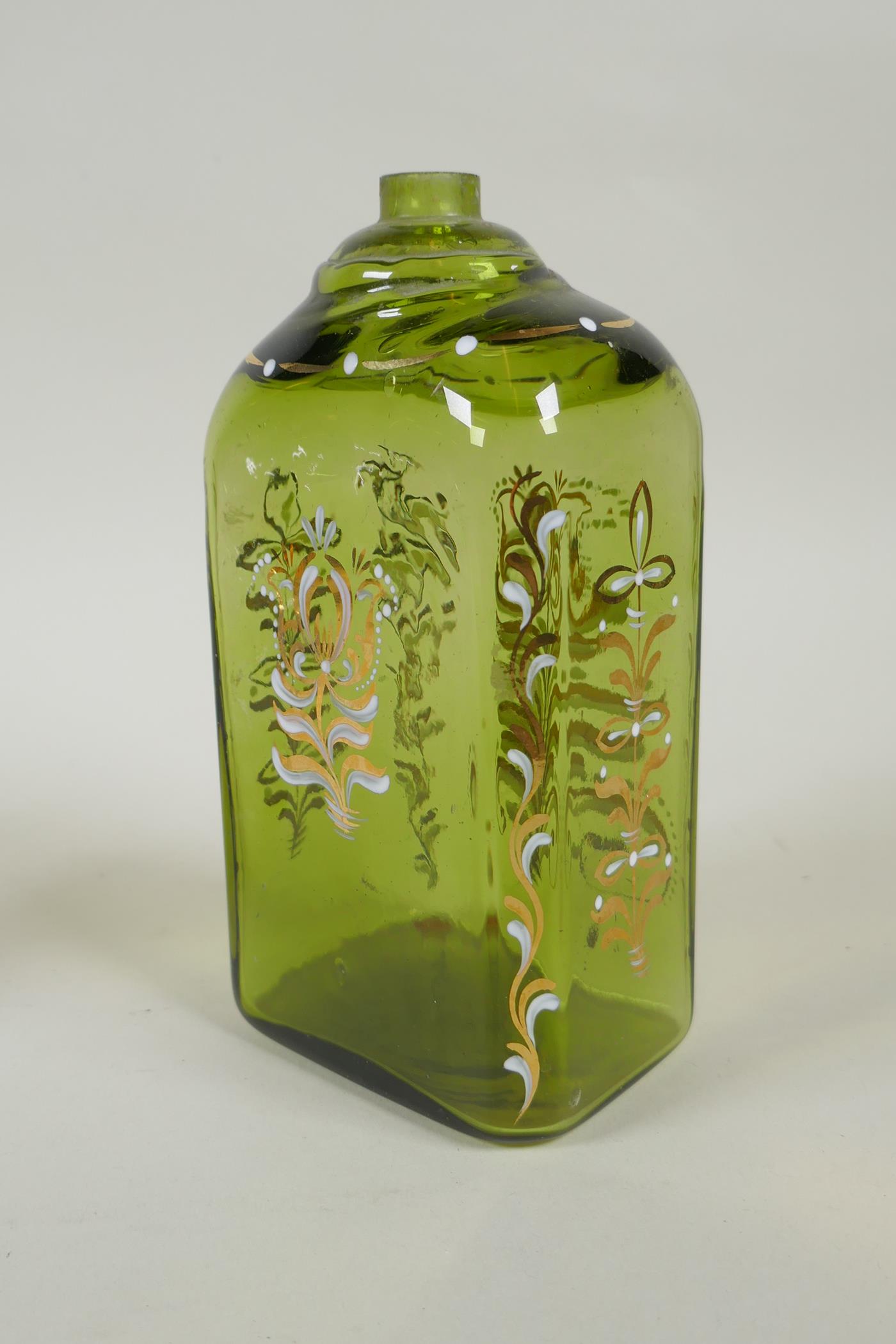 Two C18th/C19th enamelled Stiegel type glass bottles and a similar type perfume bottle, largest 18cm - Image 5 of 8