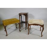 A carved walnut stool with buttoned top, a serpentine shaped stool raised on cabriole supports and a