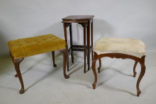 A carved walnut stool with buttoned top, a serpentine shaped stool raised on cabriole supports and a