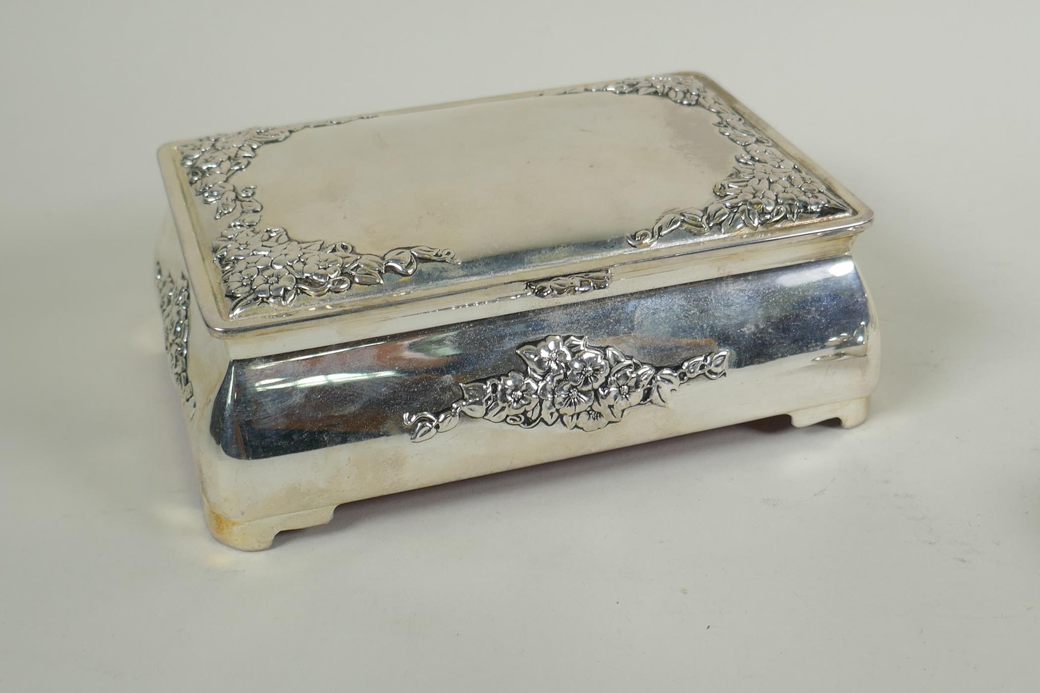 A pair of Mappin & Webb silver plated salts, a silver plated bombe shaped jewellery casket and a - Image 5 of 9