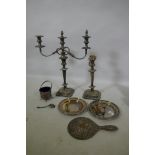 A pair of Sheffield silver plated candelabra, AF, 52cm high, a hallmarked silver backed hand mirror,