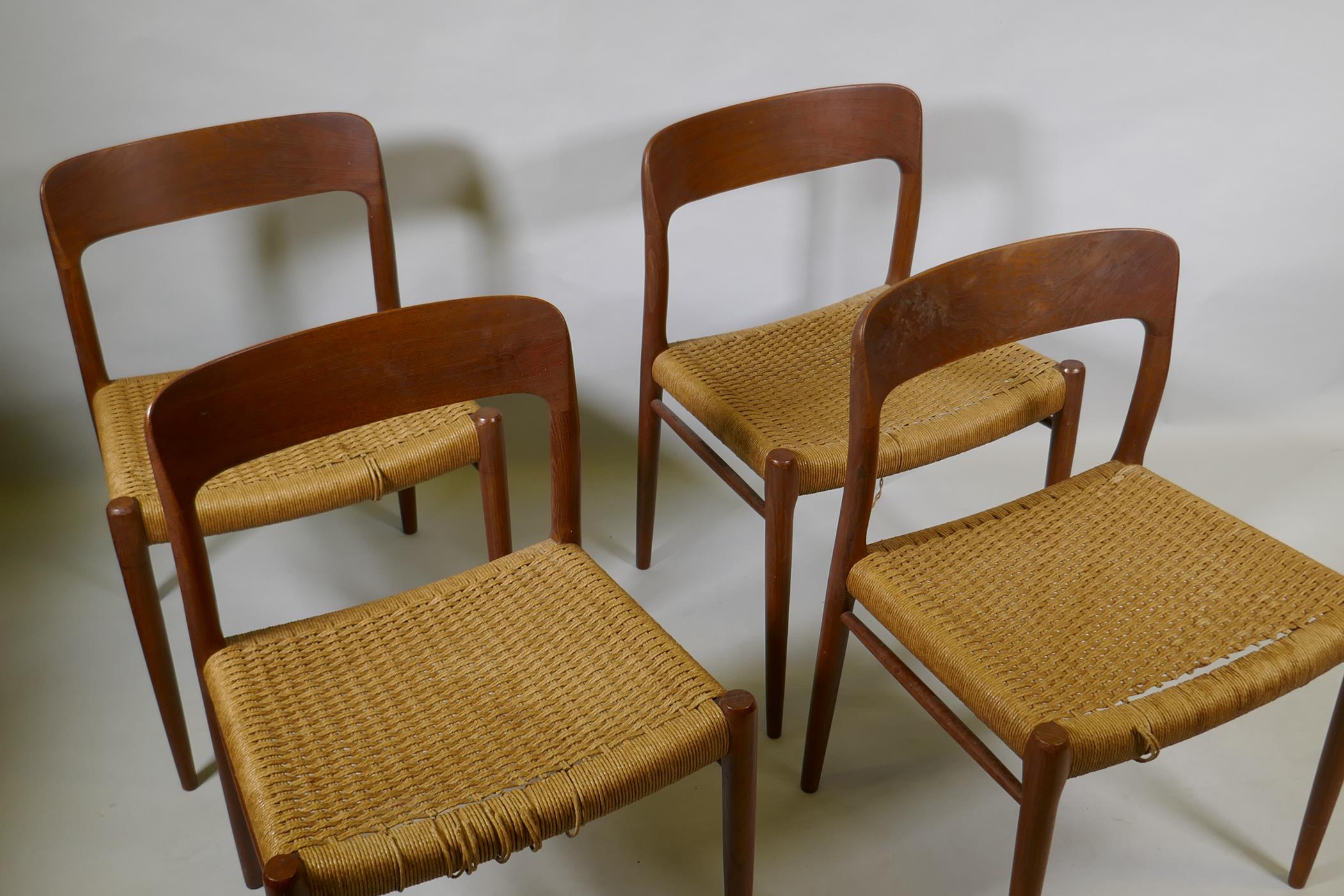 A set of four Danish mid century teak dining chairs, model No. 75 by Nils Moller, with sea grass - Image 2 of 2