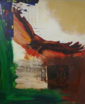 Abstract, bird of prey, unsigned, inscribed verso, oil on canvas laid on board, 104 x 122cm