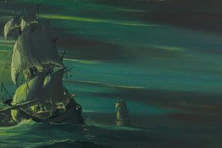 A ghostly shipping scene, indistinctly signed, oil on board, 51 x 31cm