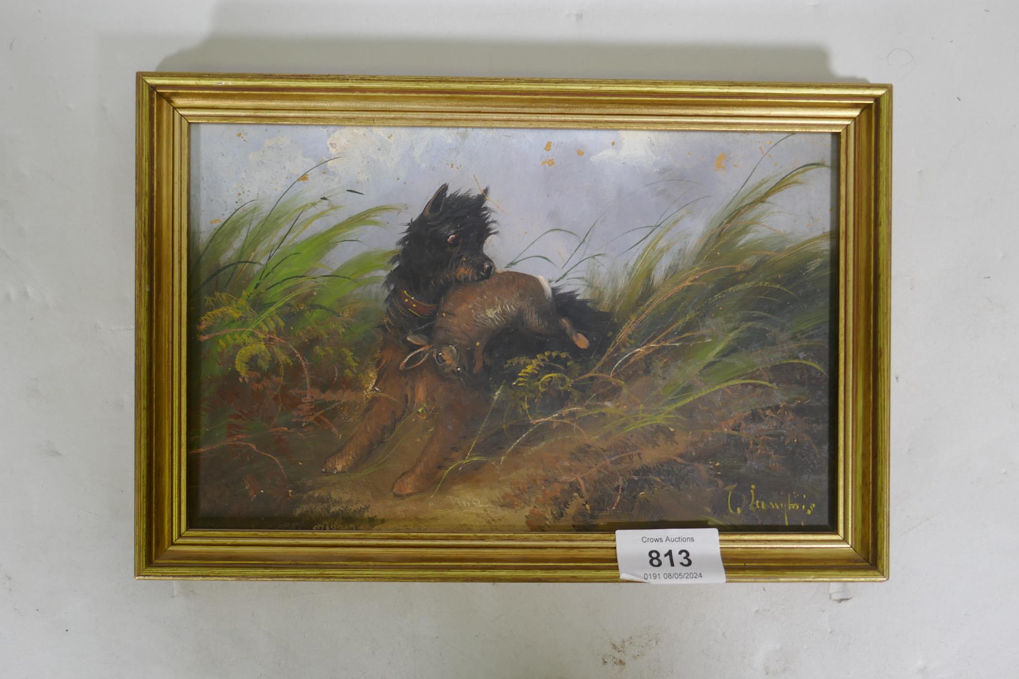 J. Langlois, terrier with game, signed, late C19th/early C20th, oil on millboard - Image 4 of 4