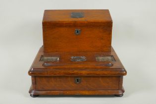 An antique oak correspondence box with metal mounts, 30 x 33cm, 27cm high