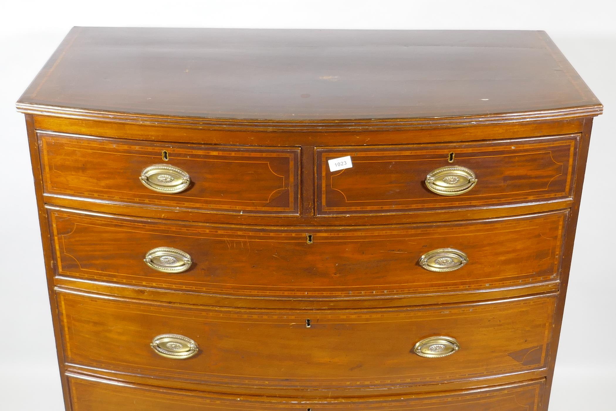 A George III inlaid mahogany bowfront chest of two plus three drawers, with brass plate handles, - Image 2 of 3