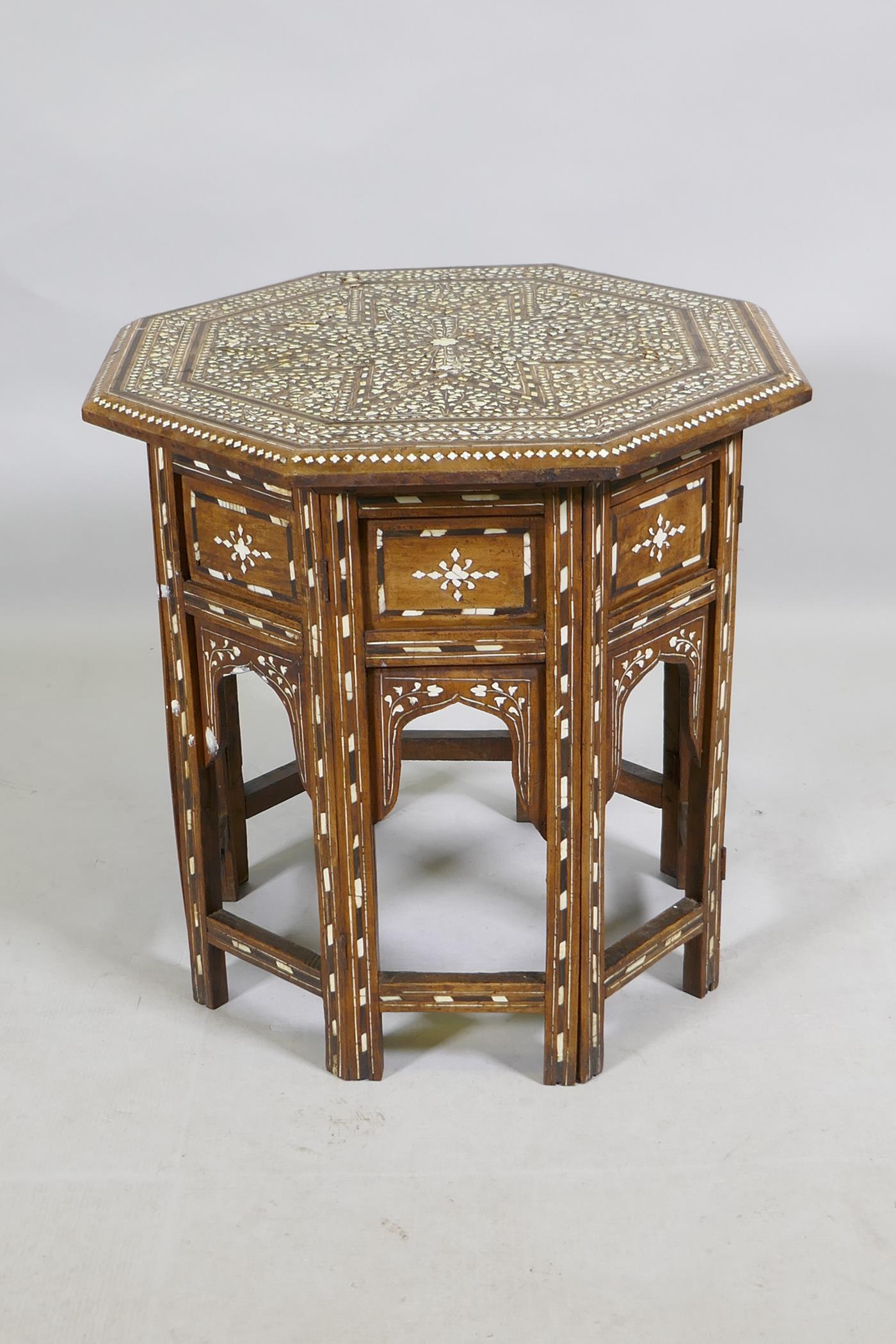 A C19th Anglo Indian bone and ebony inlaid rosewood Hoshiarpur table, AF repairs to inlay, 46 x