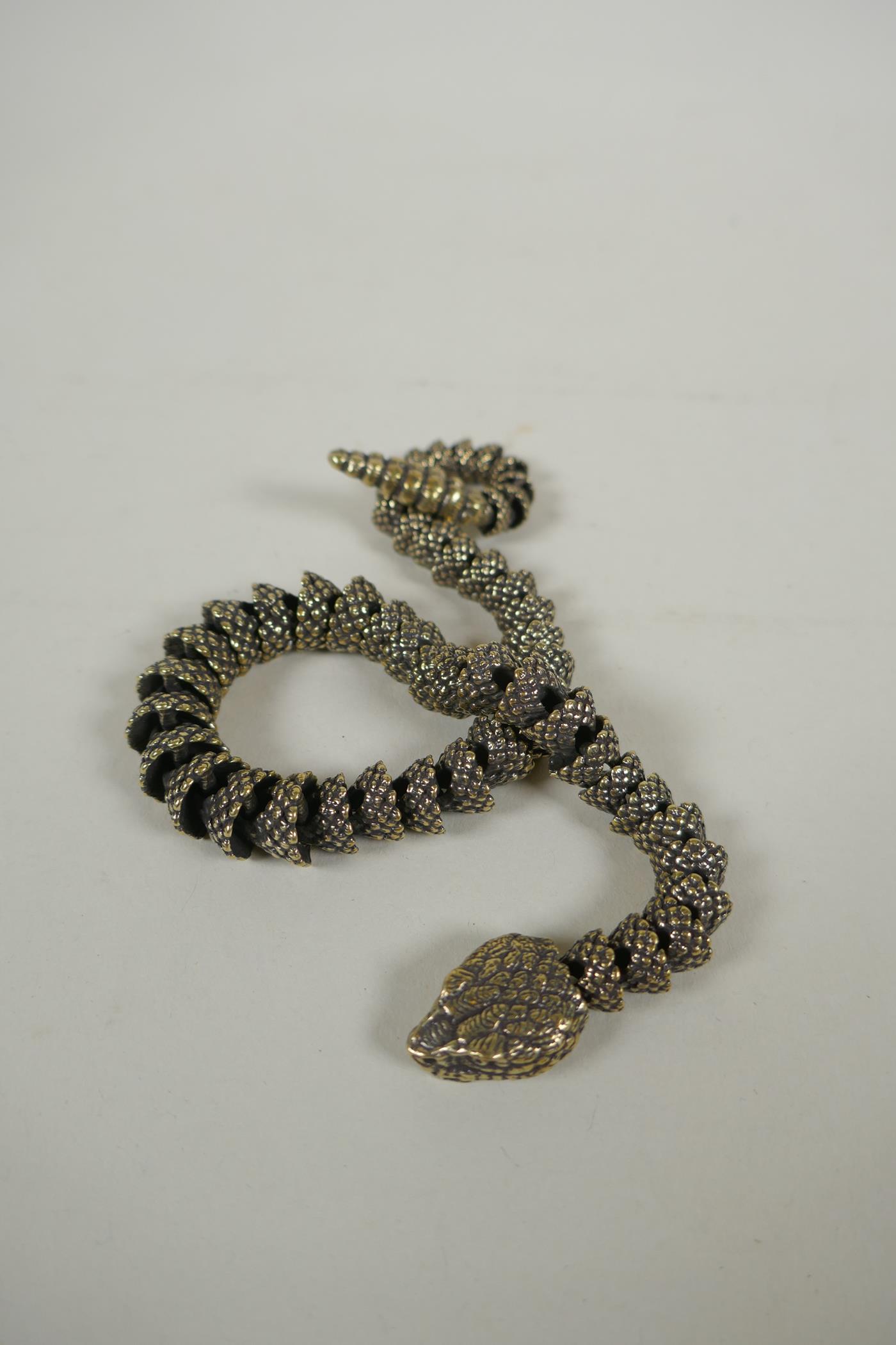 A Japanese Jizai style articulated polished bronze okimono snake, 40cm long - Image 3 of 6