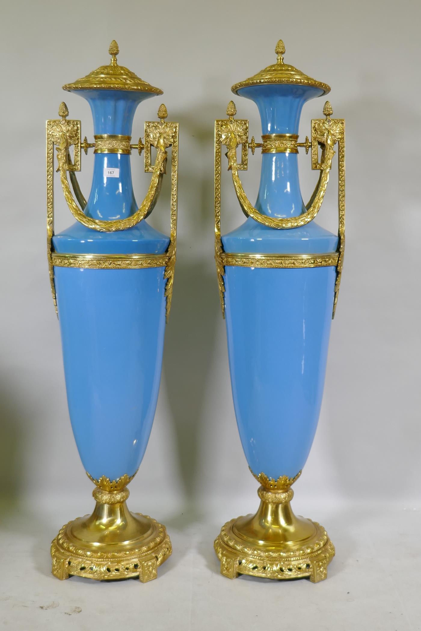 A large pair of Sevres blue style ceramic urns with ormolu mounts, 135cm high - Image 3 of 4