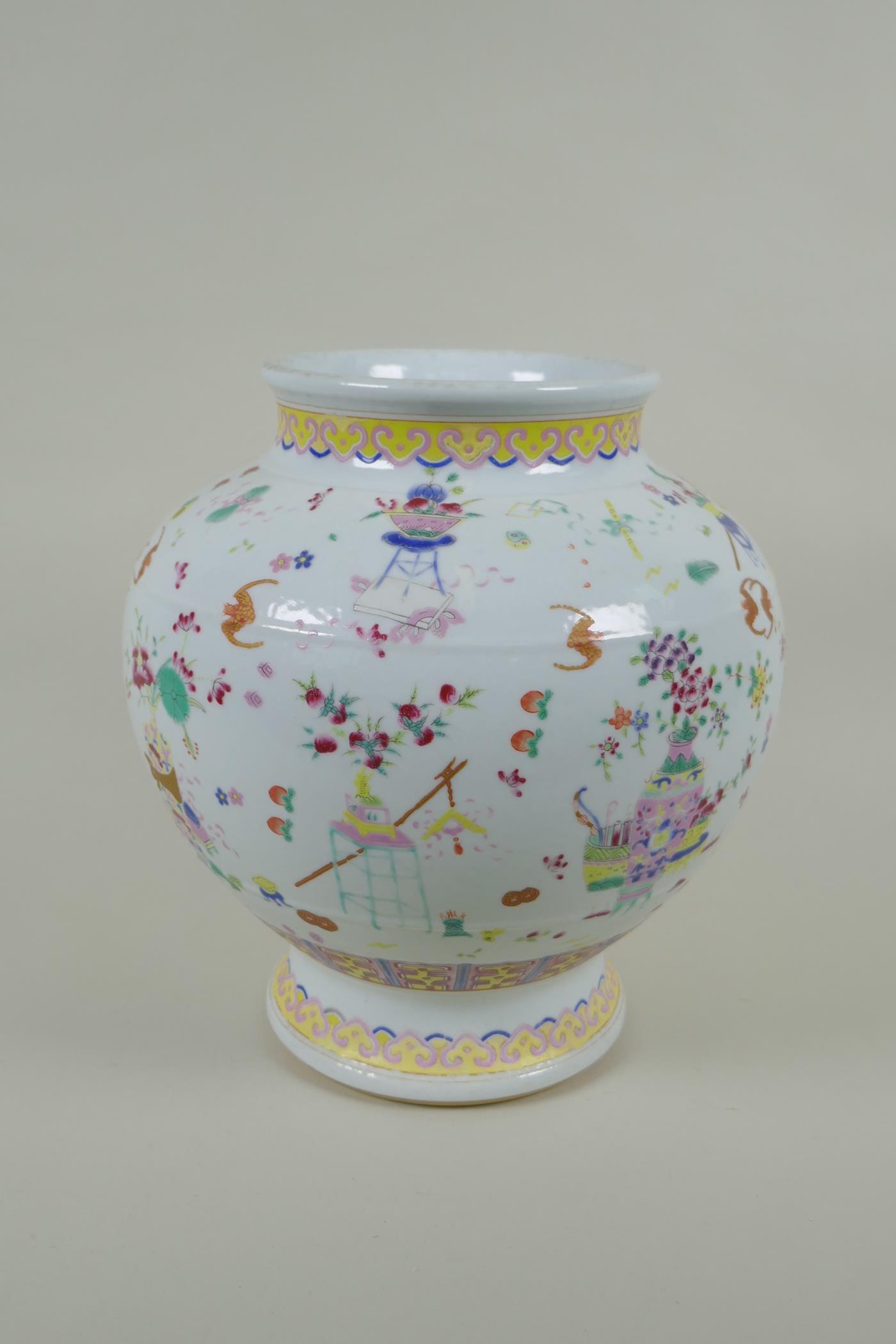 A Chinese polychrome porcelain vase decorated with bats and vases of flowers, GuangXu 6 character - Image 4 of 5