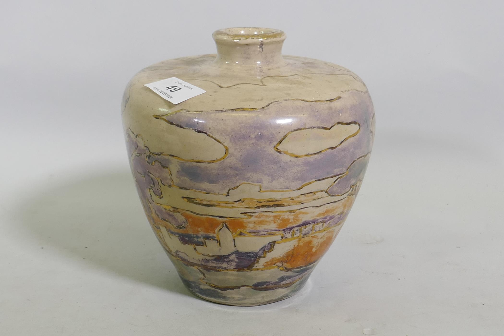 A studio pottery vase, decorated in lustre glaze with a landscape, unsigned, 17cm high - Image 2 of 6