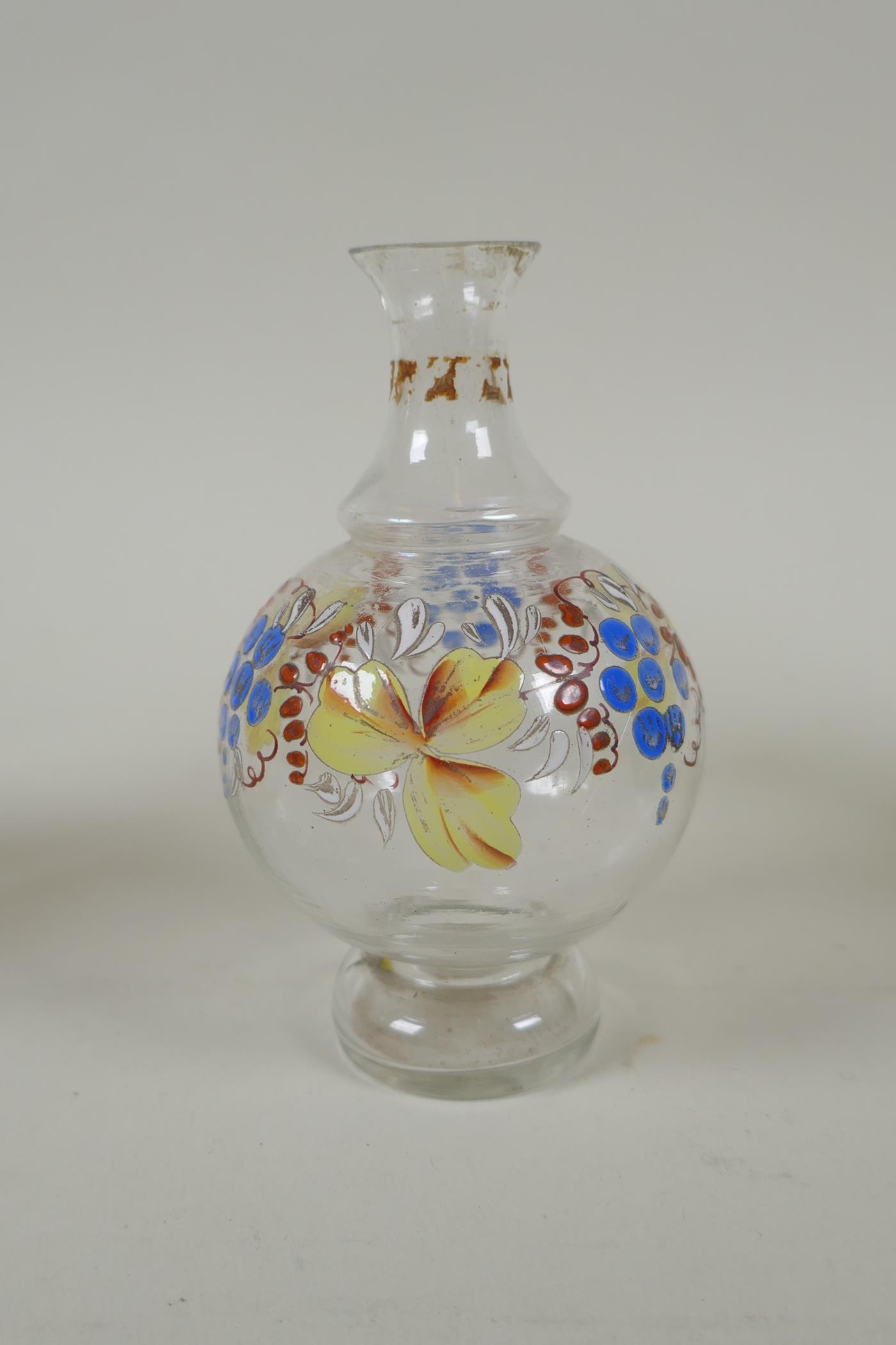Two C18th/C19th enamelled Stiegel type glass bottles and a similar type perfume bottle, largest 18cm - Image 6 of 8