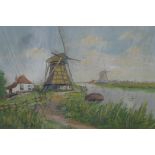 Dutch School, canal scene with windmills, signed, mid C20th, oil on canvas, 70 x 50cm
