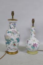 A Chinese porcelain lamp with butterfly and floral decoration, 50cm high, and another smaller