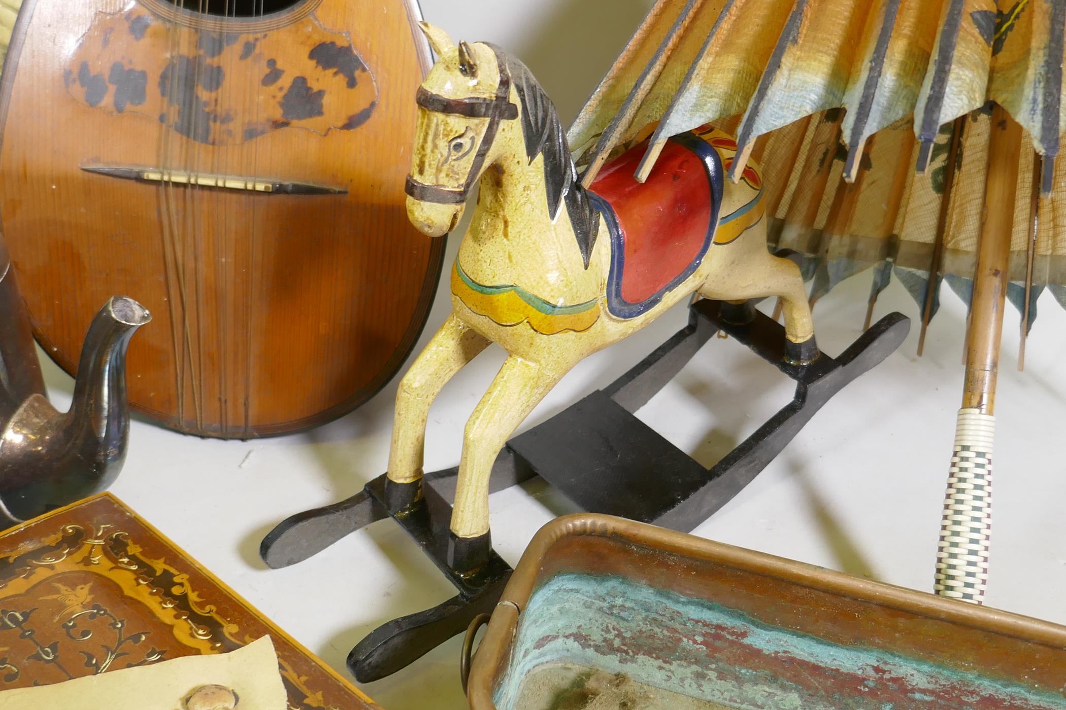 Antique eight string lute, AF, 61cm long, Cairo ware brass trays, copper pots, toy rocking horse etc - Image 4 of 6