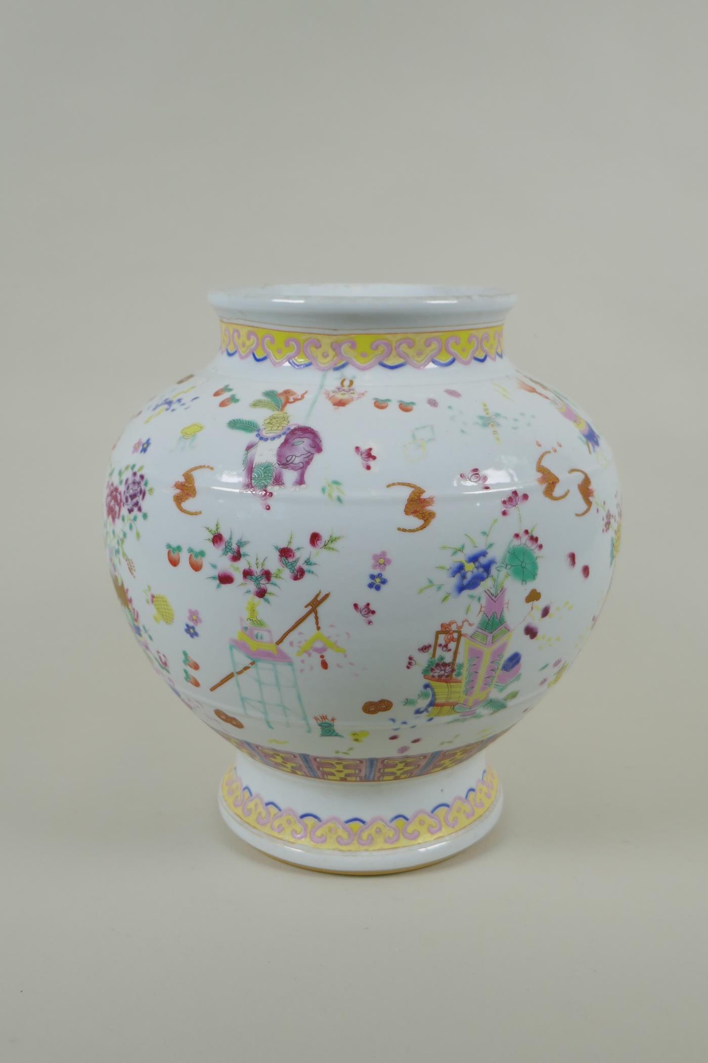 A Chinese polychrome porcelain vase decorated with bats and vases of flowers, GuangXu 6 character - Image 2 of 5