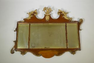 A C19th triple panel overmantel mirror with parcel gilt mouldings, AF losses, 130 x 96cm