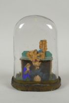 A Victorian wax nativity scene in a hand blown glass dome, 14cm high