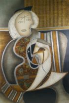 A cubist style mixed media portrait of the Madonna and Child, in the manner of Enrico Baj and