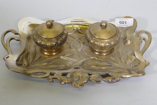 An Art Nouveau silver plated desk stand, the two inkwells with ruby glass liners, 29 x 19cm