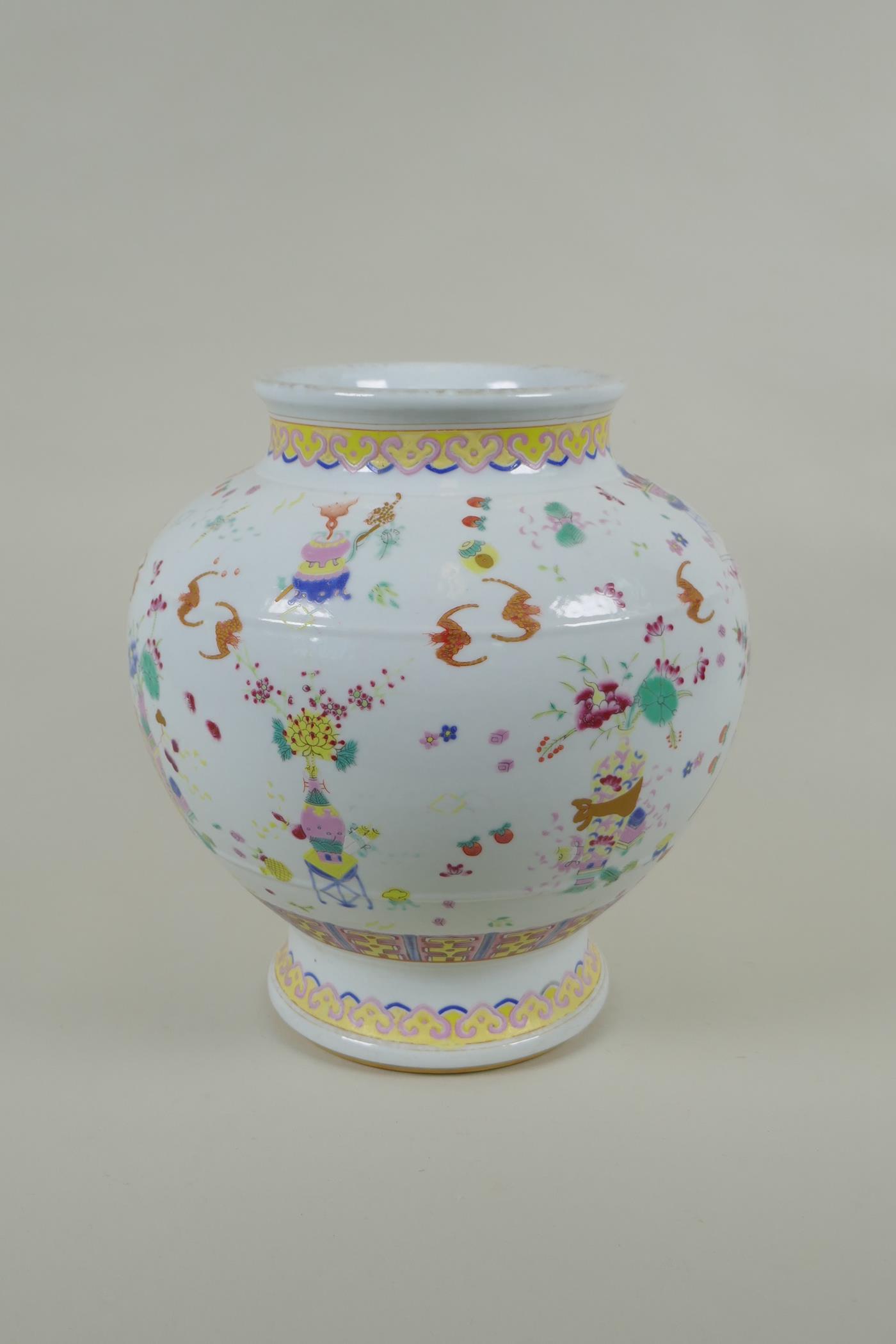 A Chinese polychrome porcelain vase decorated with bats and vases of flowers, GuangXu 6 character - Image 3 of 5