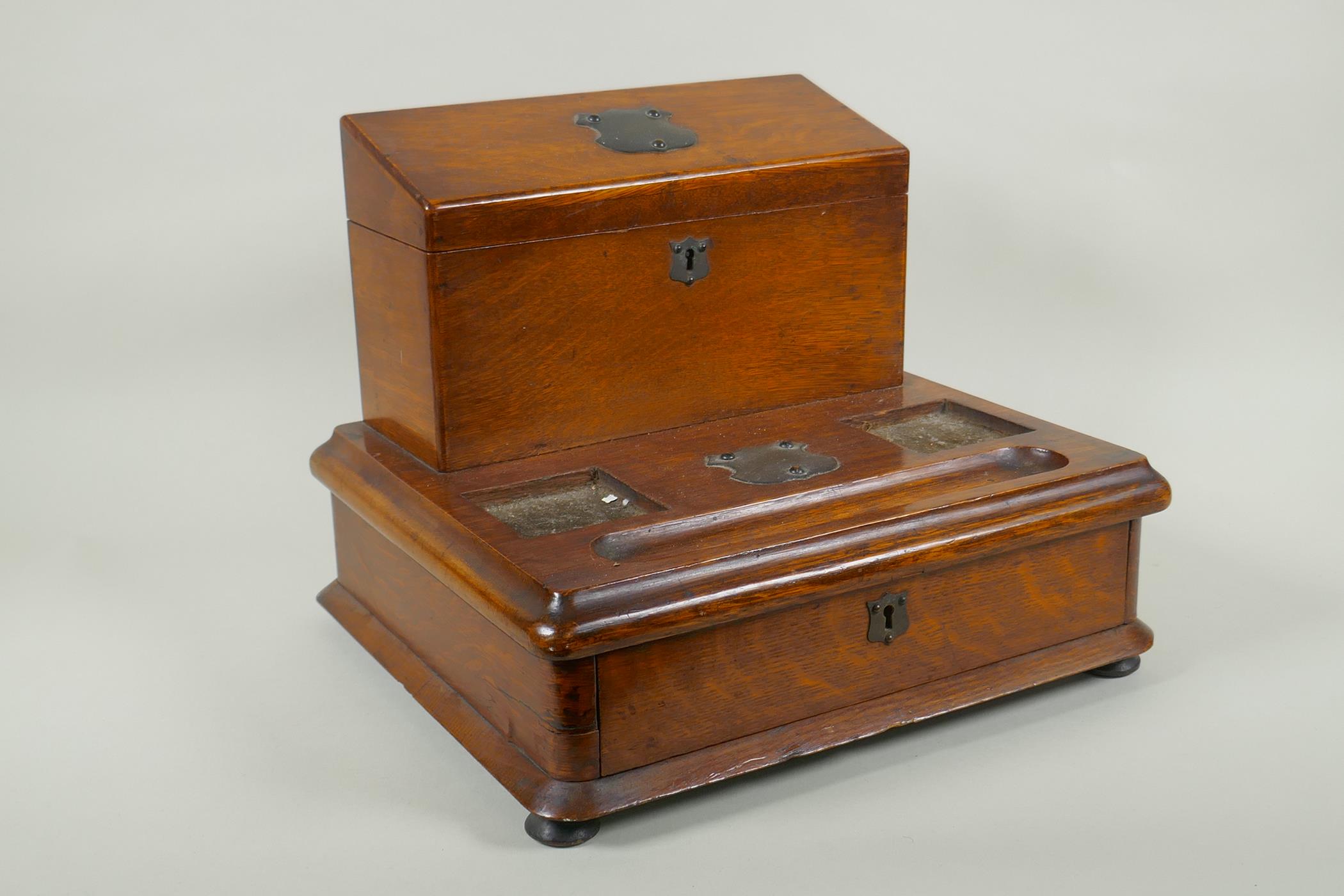 An antique oak correspondence box with metal mounts, 30 x 33cm, 27cm high - Image 2 of 3