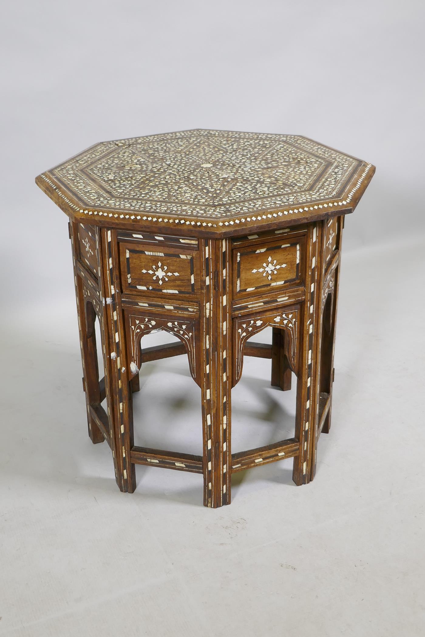 A C19th Anglo Indian bone and ebony inlaid rosewood Hoshiarpur table, AF repairs to inlay, 46 x - Image 4 of 8
