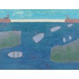 St Ives School, naive study of boats in a harbour, housed in a good gallery frame, oil on canvas