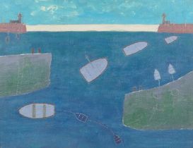St Ives School, naive study of boats in a harbour, housed in a good gallery frame, oil on canvas