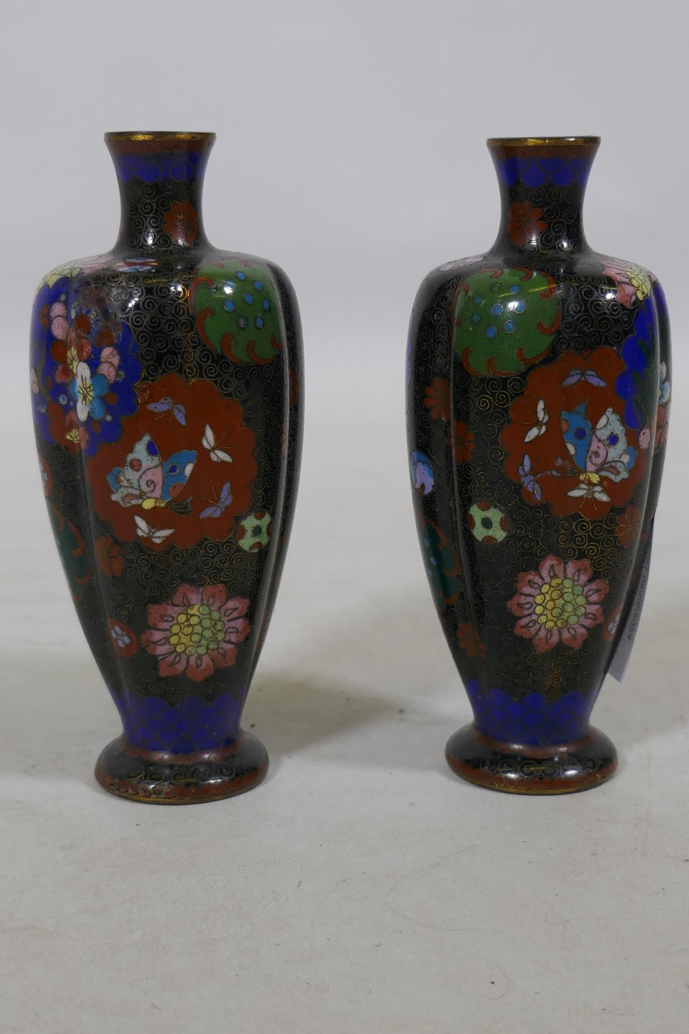 A pair of antique oriental cloisonne vases with lobed bodies, AF, 13cm high - Image 3 of 4