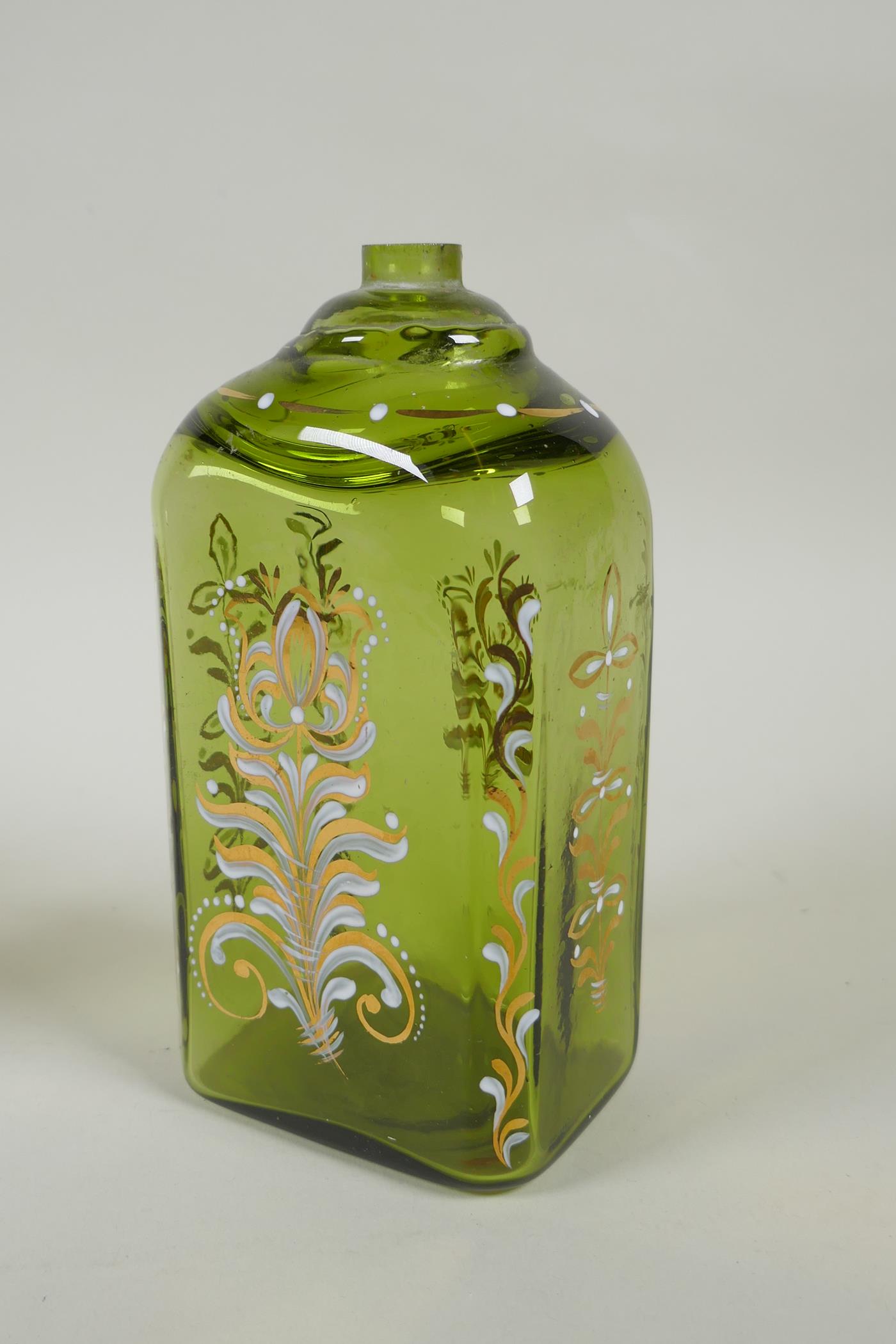 Two C18th/C19th enamelled Stiegel type glass bottles and a similar type perfume bottle, largest 18cm - Image 4 of 8
